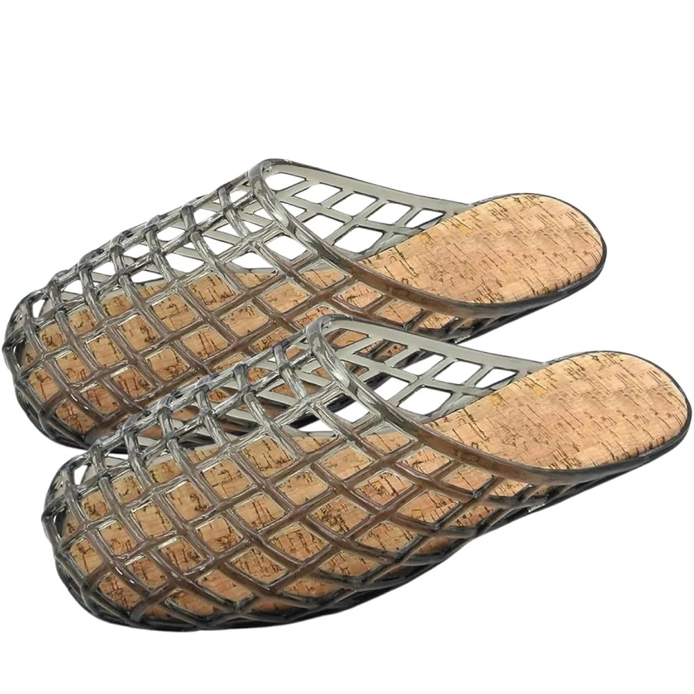 Women's Transparent Woven Jelly Slides with Cork Insole Hollow Mesh Mules Summer